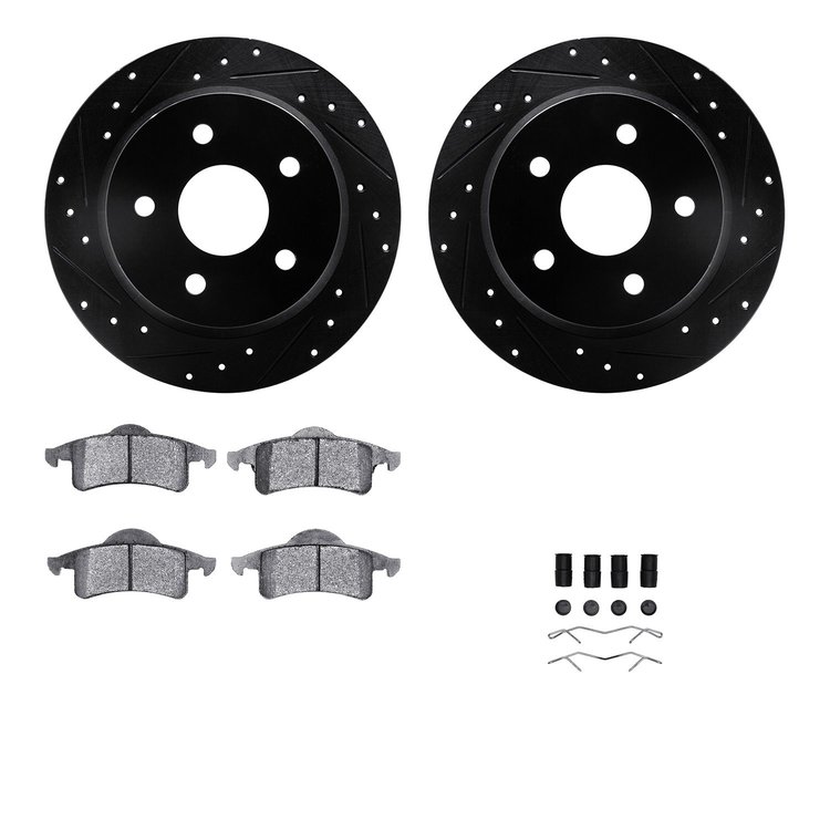 8412-42034 Drilled/Slotted Brake Rotors with Ultimate-Duty Brake Pads Kit & Hardware [Black], 1999-2004 Mopar, Position: Rear