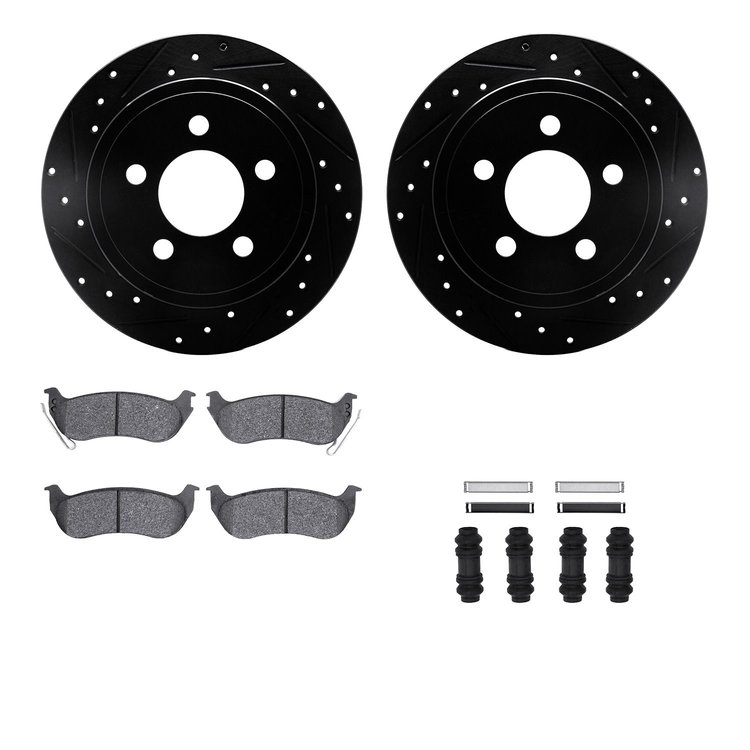 8412-42036 Drilled/Slotted Brake Rotors with Ultimate-Duty Brake Pads Kit & Hardware [Black], 2003-2007 Mopar, Position: Rear