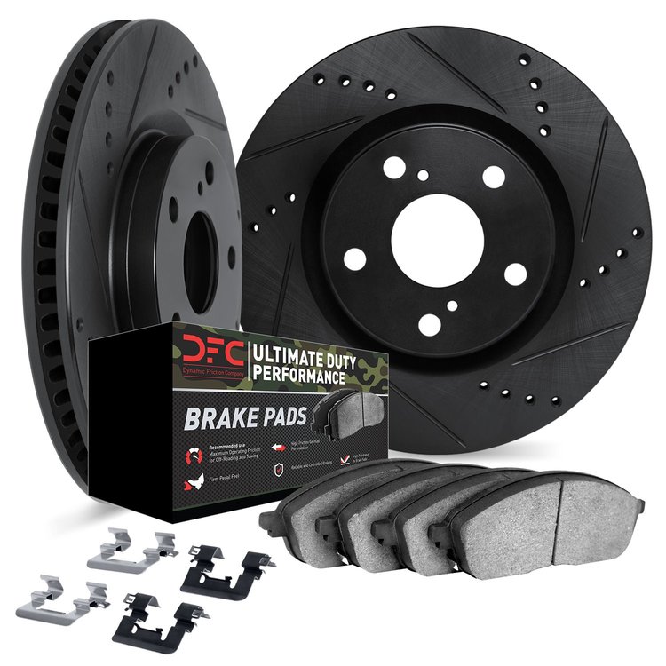 8412-42045 Drilled/Slotted Brake Rotors with Ultimate-Duty Brake Pads Kit & Hardware [Black], Fits Select Mopar, Position: Front