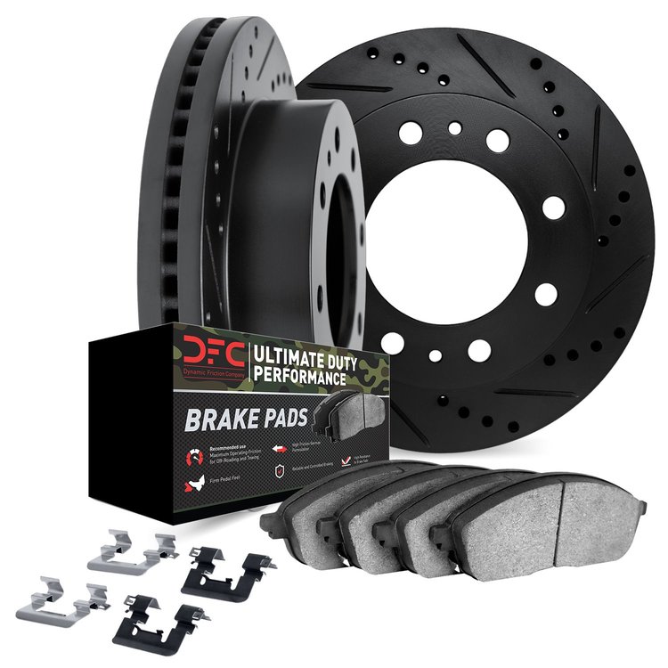 8412-48007 Drilled/Slotted Brake Rotors with Ultimate-Duty Brake Pads Kit & Hardware [Black], 1988-1989 GM, Position: Front