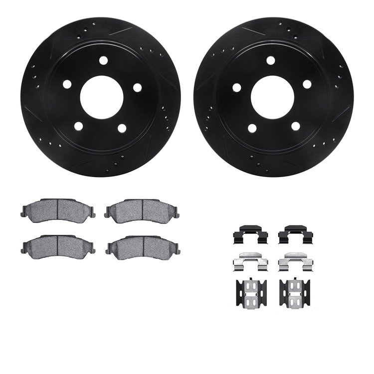 8412-48019 Drilled/Slotted Brake Rotors with Ultimate-Duty Brake Pads Kit & Hardware [Black], 1997-2005 GM, Position: Rear