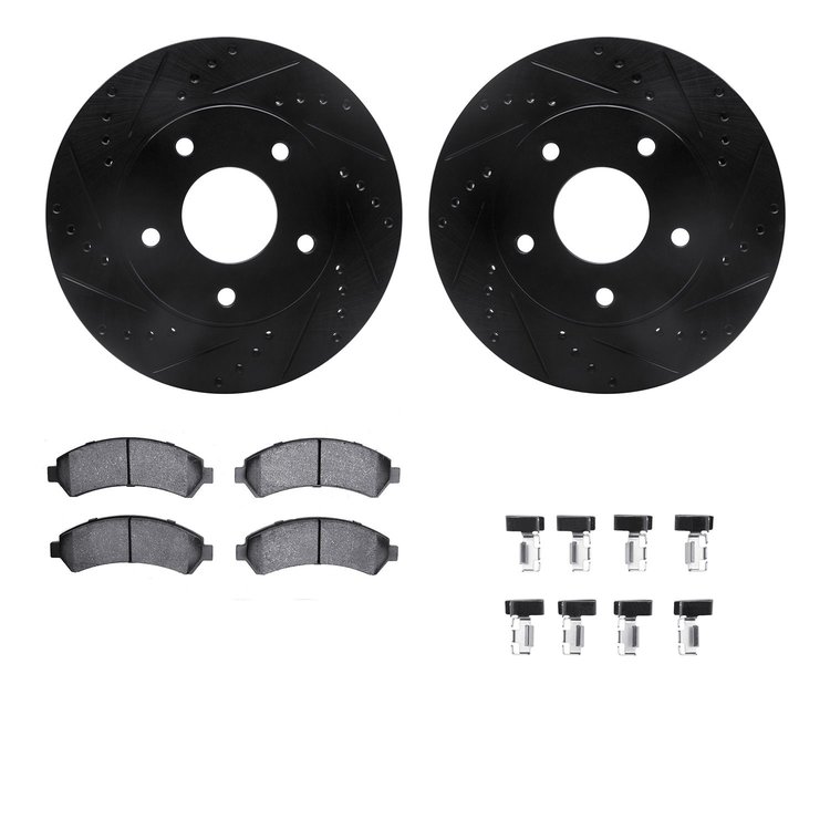 8412-48020 Drilled/Slotted Brake Rotors with Ultimate-Duty Brake Pads Kit & Hardware [Black], 1997-2005 GM, Position: Front
