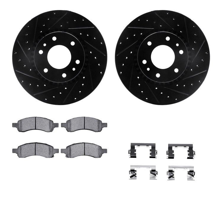 8412-48031 Drilled/Slotted Brake Rotors with Ultimate-Duty Brake Pads Kit & Hardware [Black], 2006-2009 GM, Position: Front