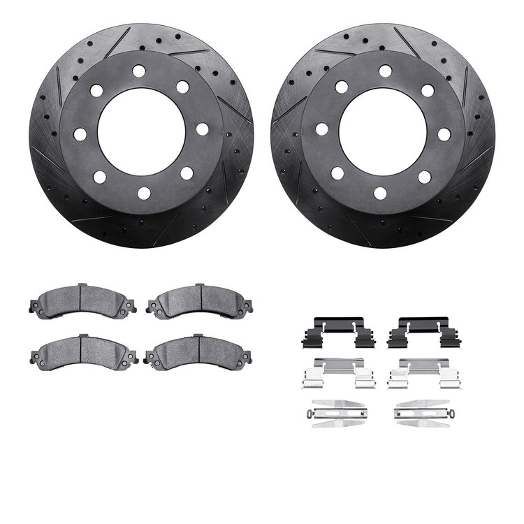 8412-48033 Drilled/Slotted Brake Rotors with Ultimate-Duty Brake Pads Kit & Hardware [Black], 2005-2005 GM, Position: Rear