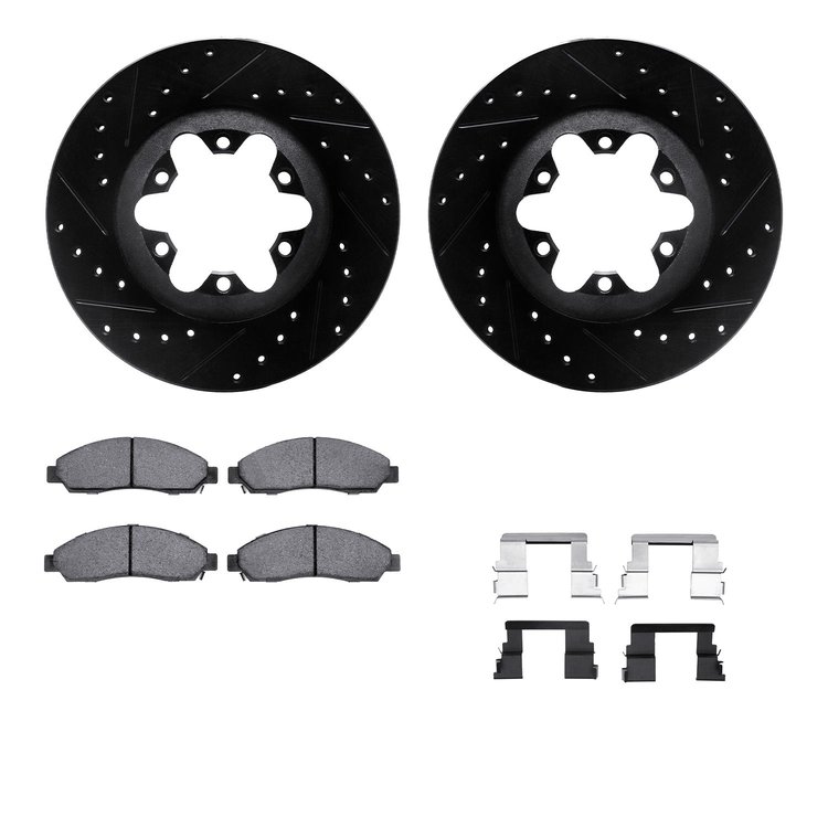 8412-48034 Drilled/Slotted Brake Rotors with Ultimate-Duty Brake Pads Kit & Hardware [Black], 2004-2008 GM, Position: Front