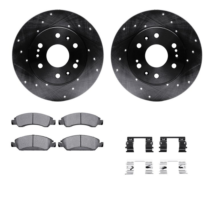 8412-48036 Drilled/Slotted Brake Rotors with Ultimate-Duty Brake Pads Kit & Hardware [Black], 2005-2020 GM, Position: Front