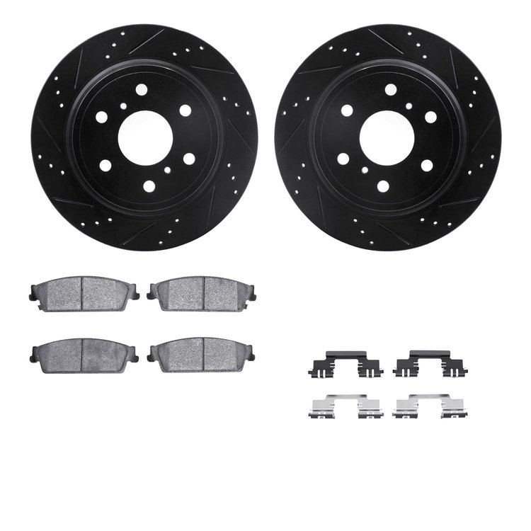 8412-48039 Drilled/Slotted Brake Rotors with Ultimate-Duty Brake Pads Kit & Hardware [Black], 2007-2014 GM, Position: Rear