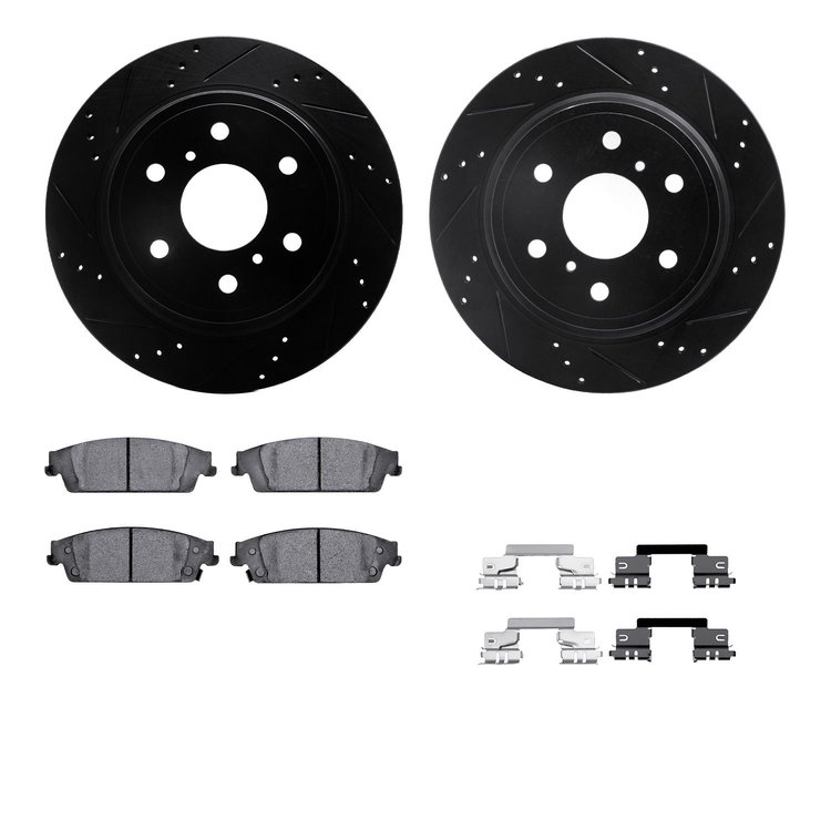 8412-48040 Drilled/Slotted Brake Rotors with Ultimate-Duty Brake Pads Kit & Hardware [Black], 2014-2020 GM, Position: Rear
