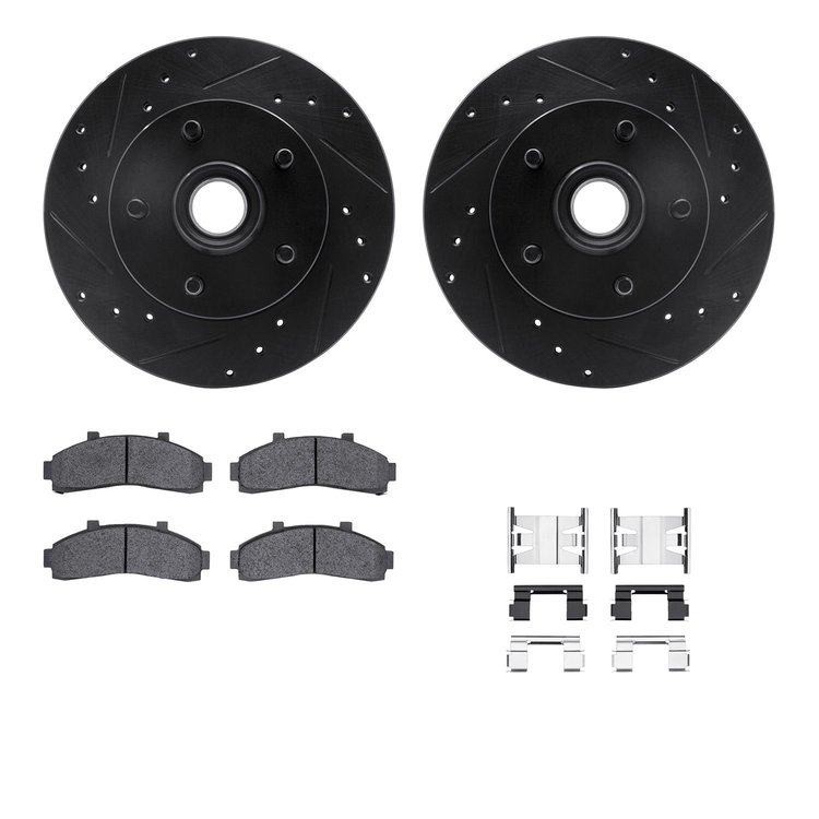 8412-54026 Drilled/Slotted Brake Rotors with Ultimate-Duty Brake Pads Kit & Hardware [Black], 1995-1997 Ford/Lincoln/Mercury/Maz