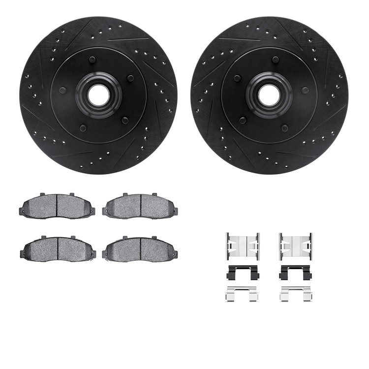 8412-54033 Drilled/Slotted Brake Rotors with Ultimate-Duty Brake Pads Kit & Hardware [Black], 1997-1999 Ford/Lincoln/Mercury/Maz