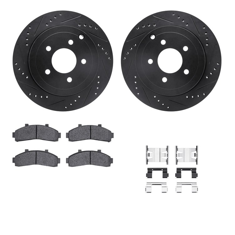 8412-54042 Drilled/Slotted Brake Rotors with Ultimate-Duty Brake Pads Kit & Hardware [Black], 1995-1997 Ford/Lincoln/Mercury/Maz