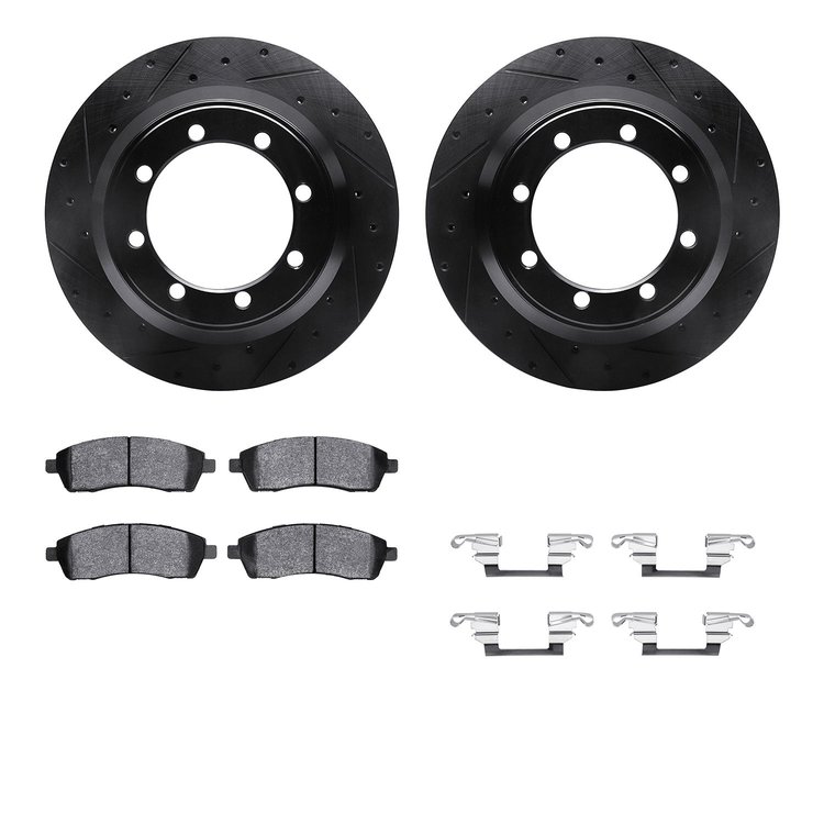 8412-54047 Drilled/Slotted Brake Rotors with Ultimate-Duty Brake Pads Kit & Hardware [Black], 1999-2004 Ford/Lincoln/Mercury/Maz