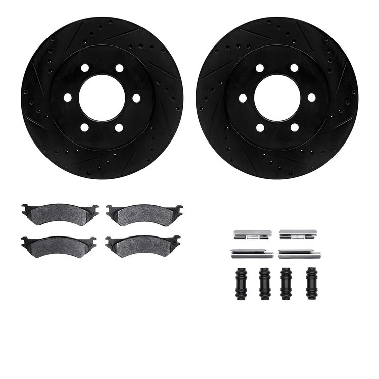 8412-54055 Drilled/Slotted Brake Rotors with Ultimate-Duty Brake Pads Kit & Hardware [Black], 1999-2007 Ford/Lincoln/Mercury/Maz