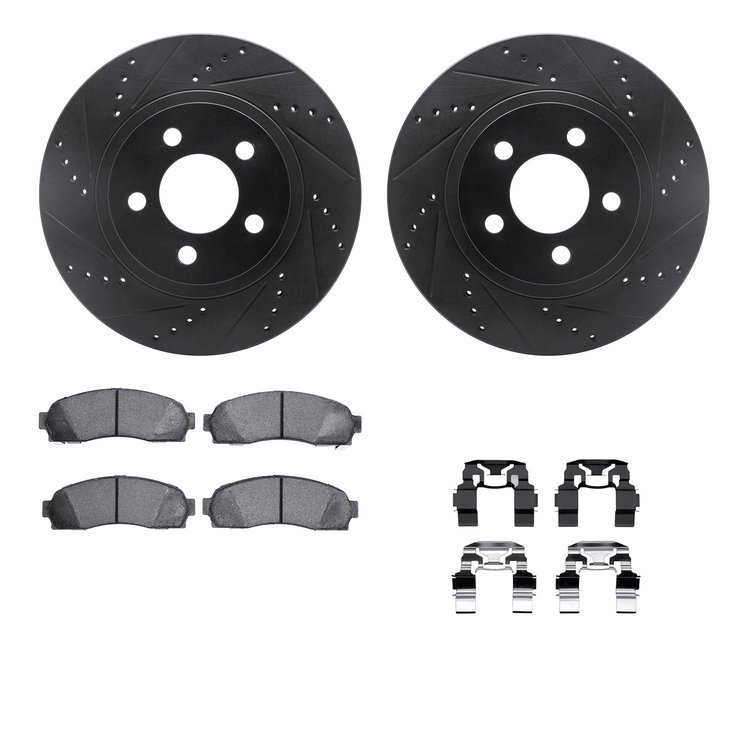 8412-54058 Drilled/Slotted Brake Rotors with Ultimate-Duty Brake Pads Kit & Hardware [Black], 2001-2005 Ford/Lincoln/Mercury/Maz