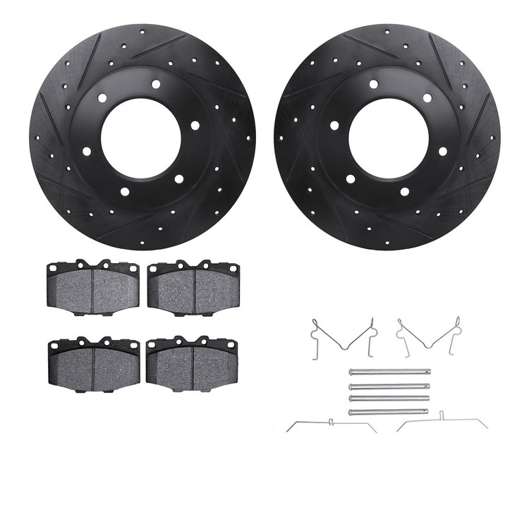 8412-76002 Drilled/Slotted Brake Rotors with Ultimate-Duty Brake Pads Kit & Hardware [Black], 1979-1980 Lexus/Toyota/Scion, Posi