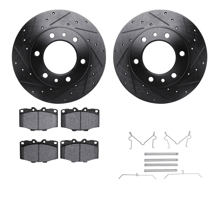 8412-76003 Drilled/Slotted Brake Rotors with Ultimate-Duty Brake Pads Kit & Hardware [Black], 1981-1985 Lexus/Toyota/Scion, Posi