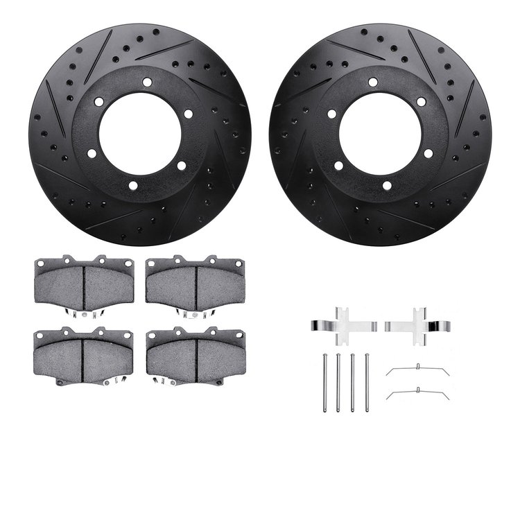 8412-76008 Drilled/Slotted Brake Rotors with Ultimate-Duty Brake Pads Kit & Hardware [Black], 1991-1998 Lexus/Toyota/Scion, Posi