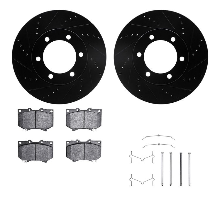 8412-76013 Drilled/Slotted Brake Rotors with Ultimate-Duty Brake Pads Kit & Hardware [Black], 2000-2002 Lexus/Toyota/Scion, Posi