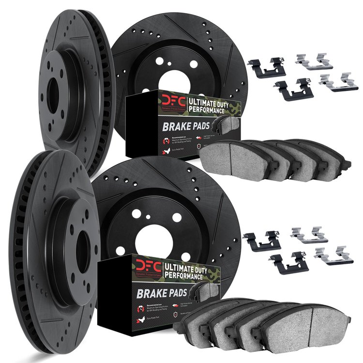 8414-40003 Drilled/Slotted Brake Rotors with Ultimate-Duty Brake Pads Kit & Hardware [Black], 2008-2012 Mopar, Position: Front a