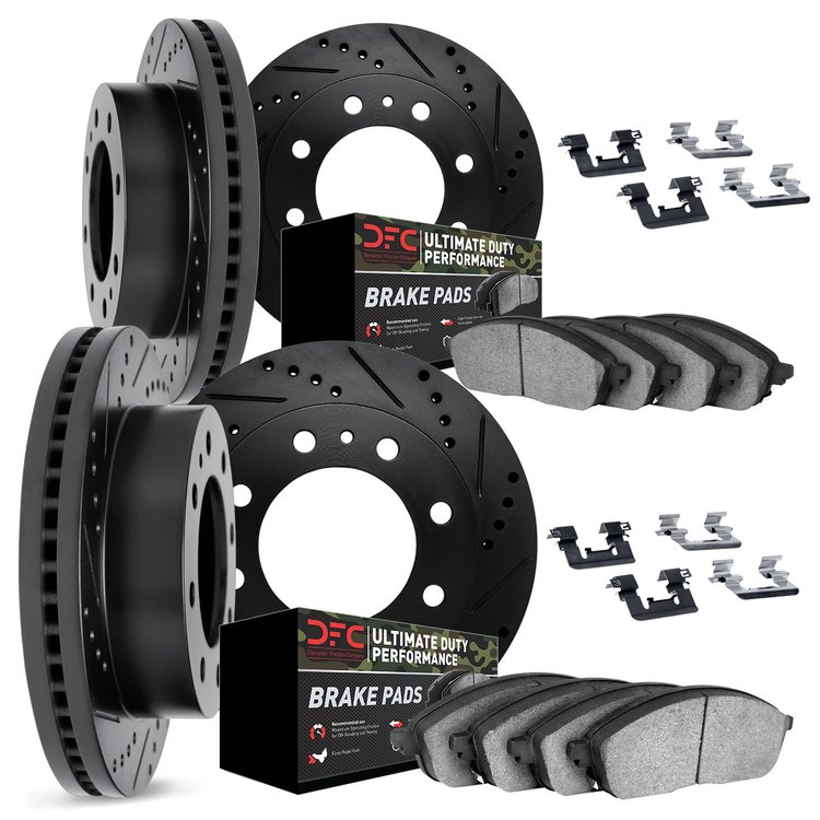 8414-40006 Drilled/Slotted Brake Rotors with Ultimate-Duty Brake Pads Kit & Hardware [Black], 2003-2008 Mopar, Position: Front a