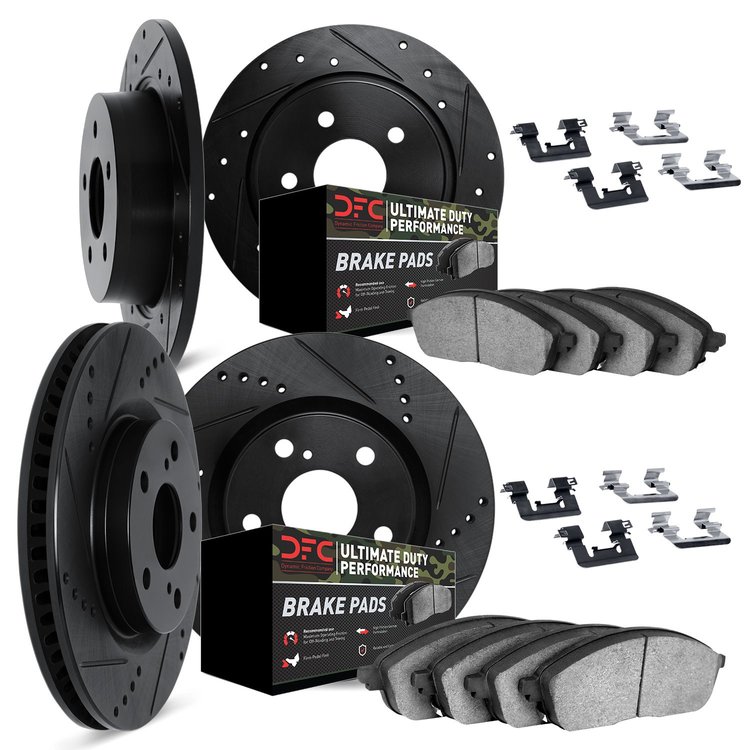 8414-42016 Drilled/Slotted Brake Rotors with Ultimate-Duty Brake Pads Kit & Hardware [Black], 2007-2018 Mopar, Position: Front a