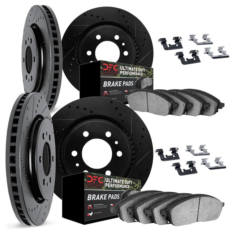 8414-48005 Drilled/Slotted Brake Rotors with Ultimate-Duty Brake Pads Kit & Hardware [Black], 2000-2006 GM, Position: Front and 