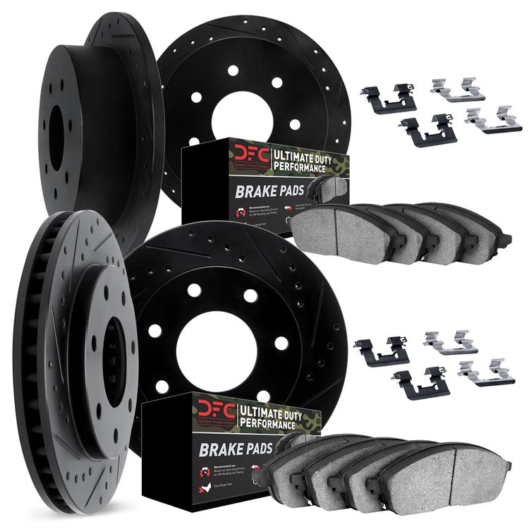 8414-54006 Drilled/Slotted Brake Rotors with Ultimate-Duty Brake Pads Kit & Hardware [Black], 1997-2004 Ford/Lincoln/Mercury/Maz
