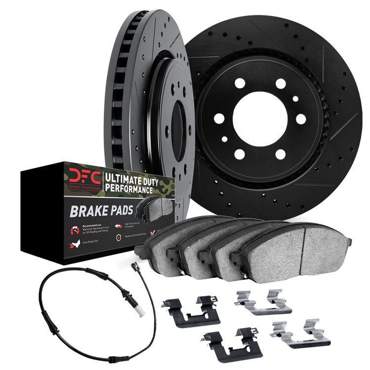 8422-47002 Drilled/Slotted Brake Rotors with Ultimate-Duty Brake Pads/Sensor & Hardware Kit [Black], Fits Select GM, Position: R