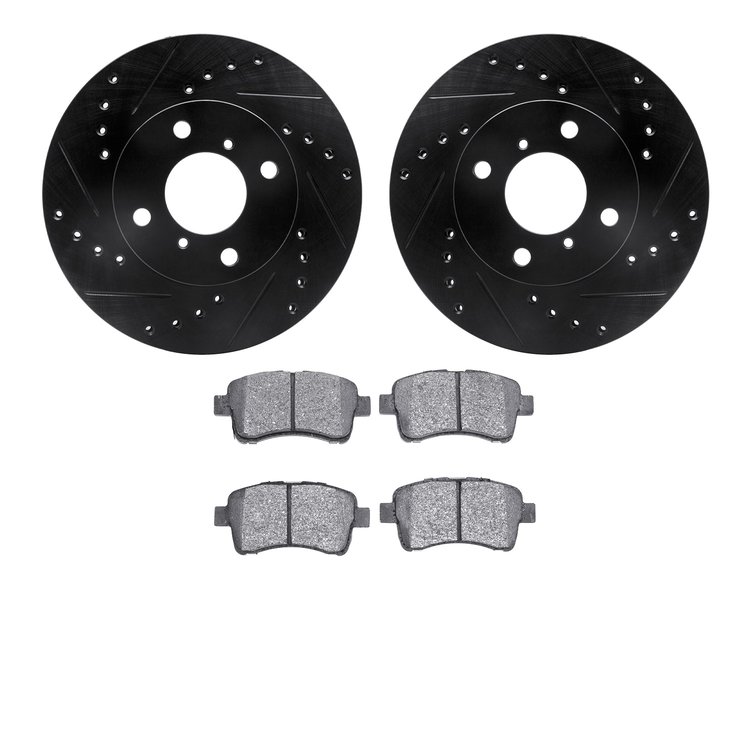 8502-01003 Drilled/Slotted Brake Rotors w/5000 Advanced Brake Pads Kit [Black], 2002-2005 Suzuki, Position: Front