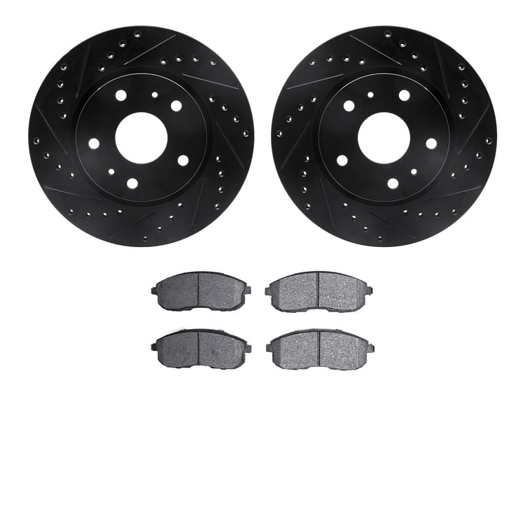 8502-01005 Drilled/Slotted Brake Rotors w/5000 Advanced Brake Pads Kit [Black], 2007-2014 Suzuki, Position: Front