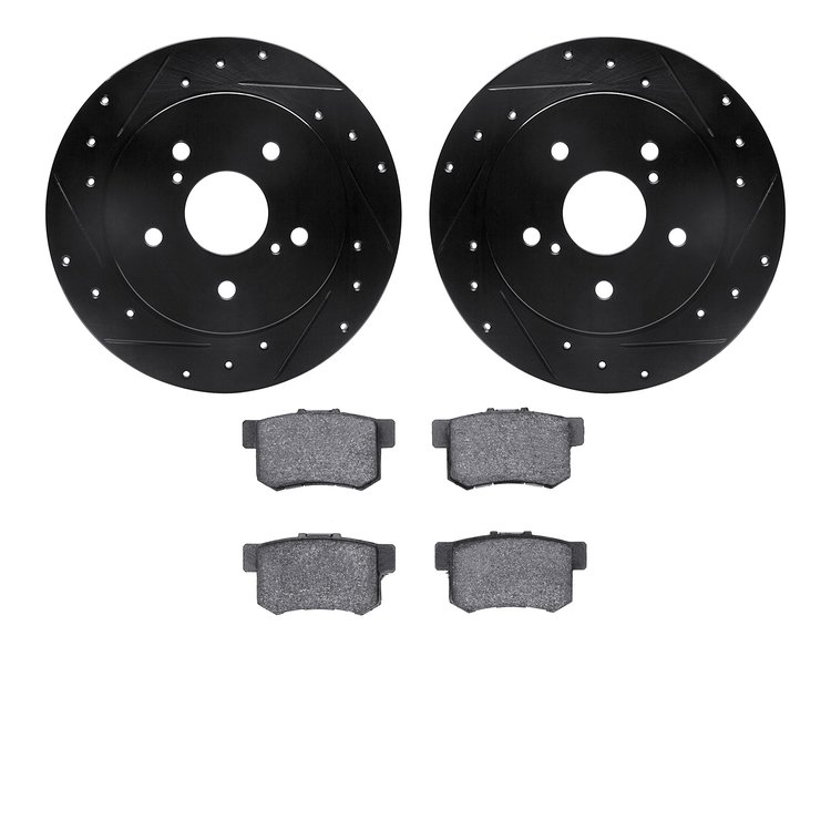 8502-01007 Drilled/Slotted Brake Rotors w/5000 Advanced Brake Pads Kit [Black], 2010-2013 Suzuki, Position: Rear