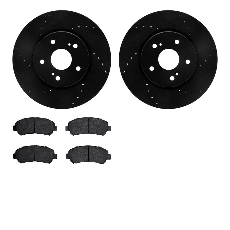 8502-01008 Drilled/Slotted Brake Rotors w/5000 Advanced Brake Pads Kit [Black], 2010-2013 Suzuki, Position: Front