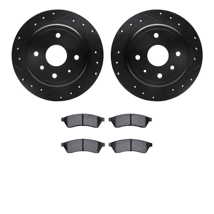 8502-01010 Drilled/Slotted Brake Rotors w/5000 Advanced Brake Pads Kit [Black], 2004-2009 Multiple Makes/Models, Position: Rear