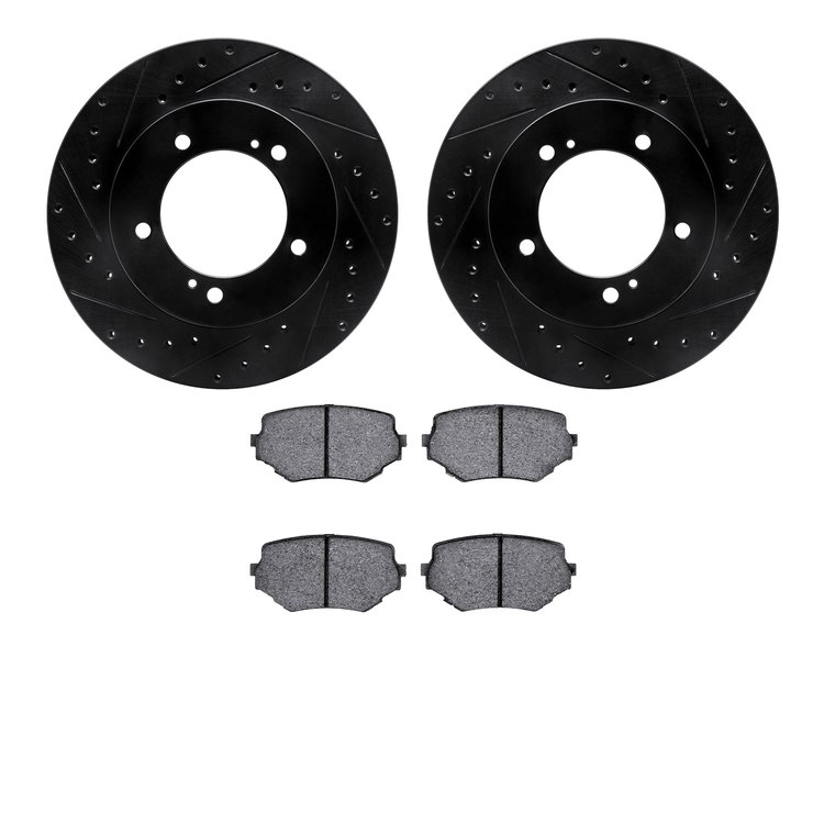 8502-01014 Drilled/Slotted Brake Rotors w/5000 Advanced Brake Pads Kit [Black], 1996-1998 Suzuki, Position: Front