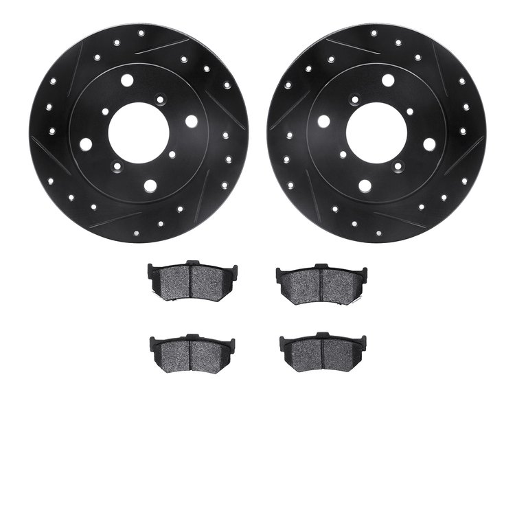 8502-01020 Drilled/Slotted Brake Rotors w/5000 Advanced Brake Pads Kit [Black], 1989-1994 Suzuki, Position: Rear