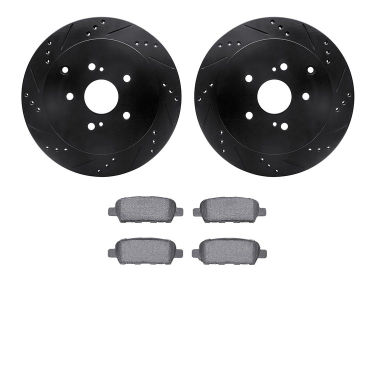 8502-01021 Drilled/Slotted Brake Rotors w/5000 Advanced Brake Pads Kit [Black], 2009-2017 Suzuki, Position: Rear