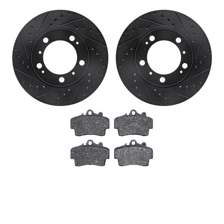 8502-02009 Drilled/Slotted Brake Rotors w/5000 Advanced Brake Pads Kit [Black], 1997-2004 Porsche, Position: Front