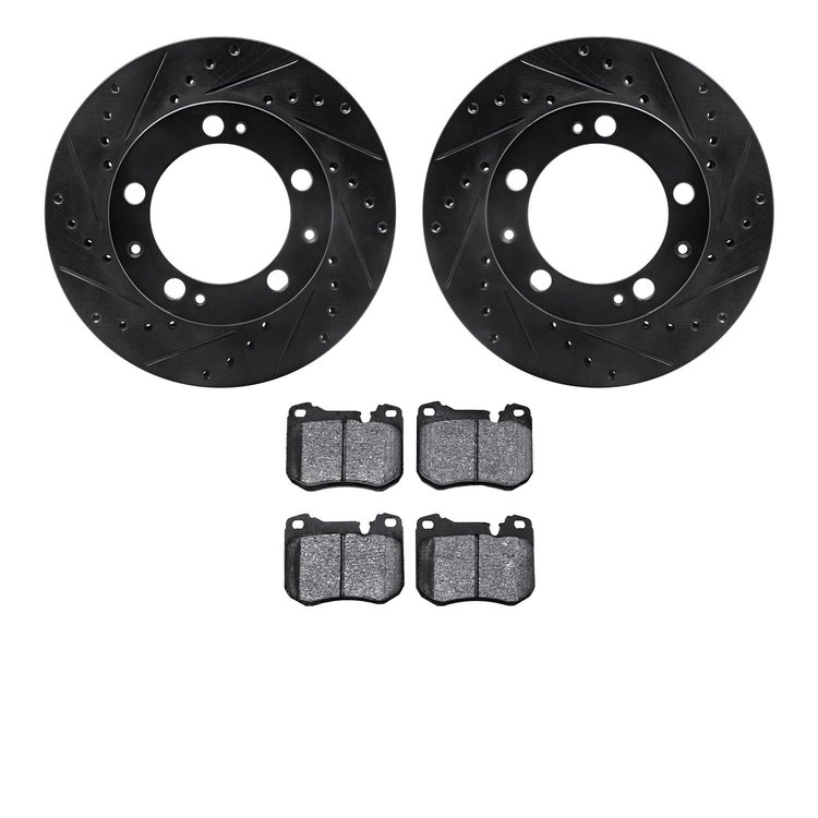 8502-02066 Drilled/Slotted Brake Rotors w/5000 Advanced Brake Pads Kit [Black], 1987-1989 Porsche, Position: Front