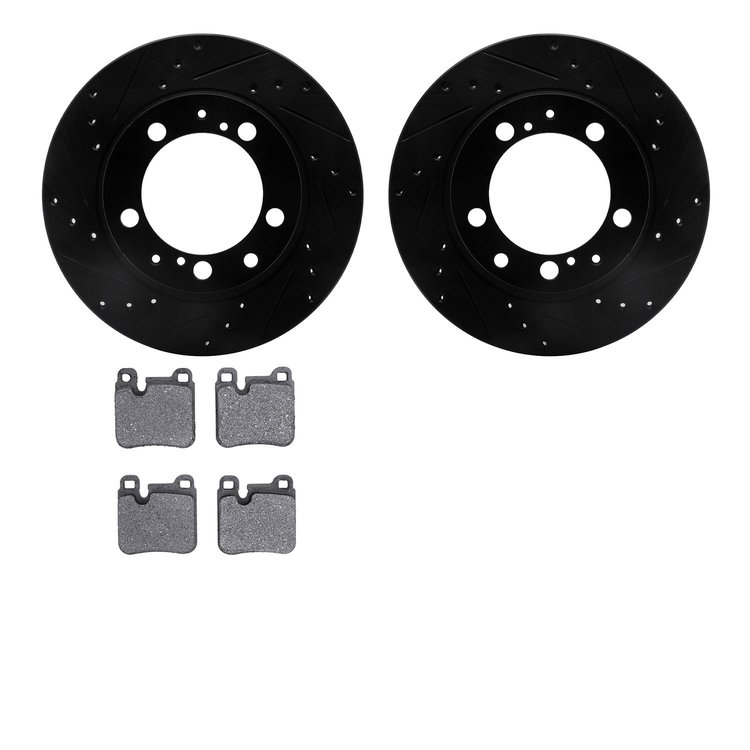 8502-02098 Drilled/Slotted Brake Rotors w/5000 Advanced Brake Pads Kit [Black], 1990-1991 Porsche, Position: Rear