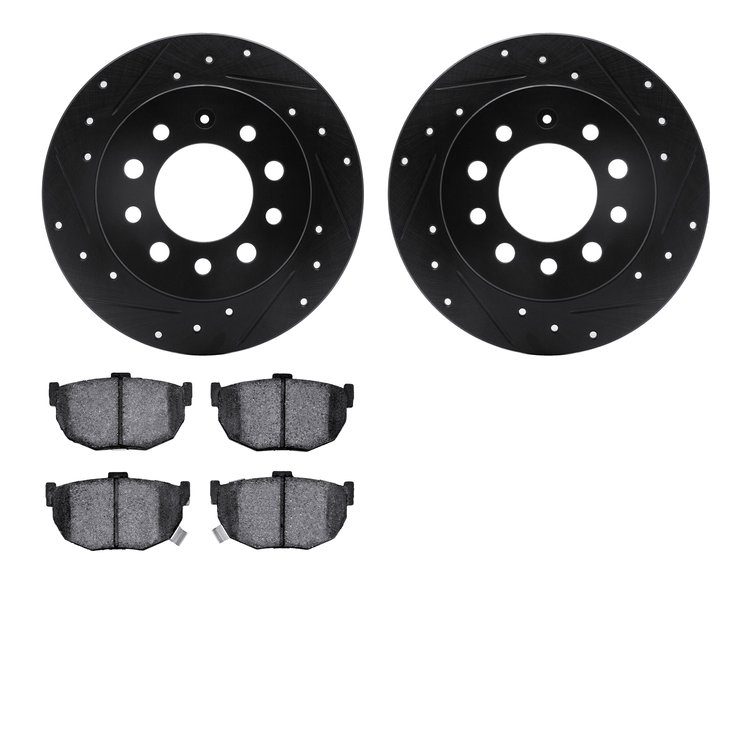 8502-03021 Drilled/Slotted Brake Rotors w/5000 Advanced Brake Pads Kit [Black], 2003-2008 Kia/Hyundai/Genesis, Position: Rear