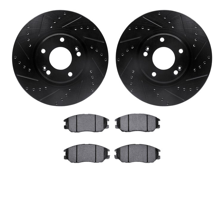 8502-03023 Drilled/Slotted Brake Rotors w/5000 Advanced Brake Pads Kit [Black], 2004-2006 Kia/Hyundai/Genesis, Position: Front