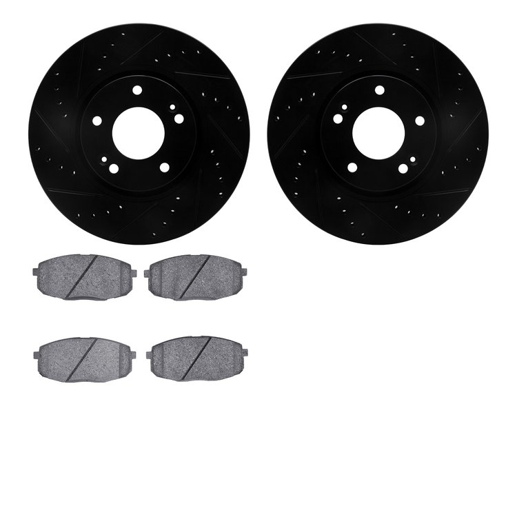 8502-03029 Drilled/Slotted Brake Rotors w/5000 Advanced Brake Pads Kit [Black], 2010-2019 Kia/Hyundai/Genesis, Position: Front