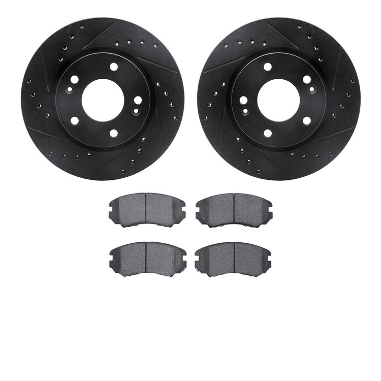 8502-03041 Drilled/Slotted Brake Rotors w/5000 Advanced Brake Pads Kit [Black], 2007-2010 Kia/Hyundai/Genesis, Position: Front