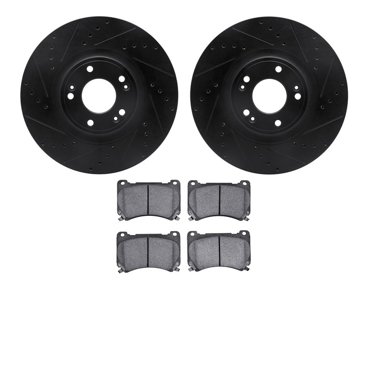 8502-03047 Drilled/Slotted Brake Rotors w/5000 Advanced Brake Pads Kit [Black], 2009-2014 Kia/Hyundai/Genesis, Position: Front