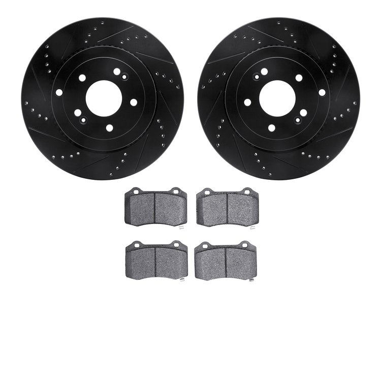 8502-03050 Drilled/Slotted Brake Rotors w/5000 Advanced Brake Pads Kit [Black], 2010-2016 Kia/Hyundai/Genesis, Position: Rear