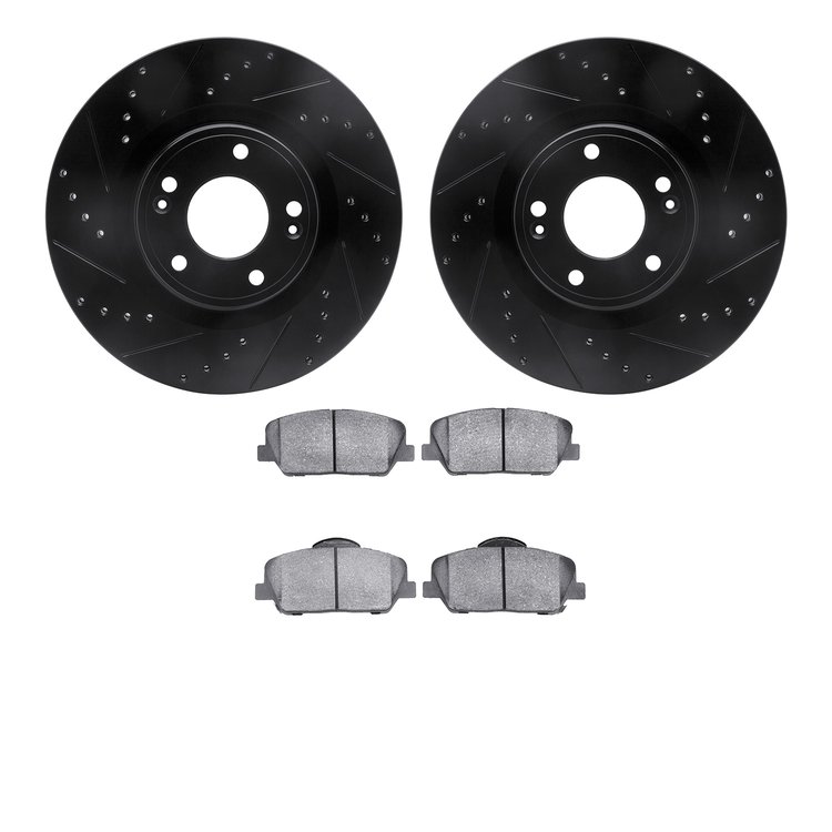 8502-03053 Drilled/Slotted Brake Rotors w/5000 Advanced Brake Pads Kit [Black], 2010-2016 Kia/Hyundai/Genesis, Position: Front