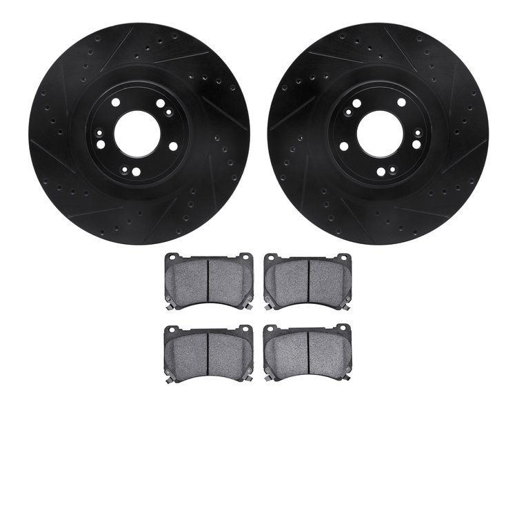 8502-03055 Drilled/Slotted Brake Rotors w/5000 Advanced Brake Pads Kit [Black], 2011-2014 Kia/Hyundai/Genesis, Position: Front