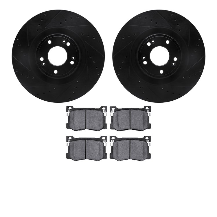 8502-03056 Drilled/Slotted Brake Rotors w/5000 Advanced Brake Pads Kit [Black], 2015-2017 Kia/Hyundai/Genesis, Position: Front
