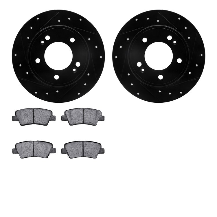 8502-03057 Drilled/Slotted Brake Rotors w/5000 Advanced Brake Pads Kit [Black], Fits Select Kia/Hyundai/Genesis, Position: Rear