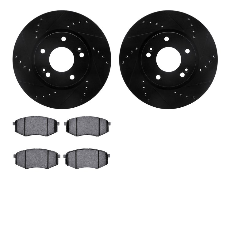 8502-03065 Drilled/Slotted Brake Rotors w/5000 Advanced Brake Pads Kit [Black], 2010-2011 Kia/Hyundai/Genesis, Position: Front